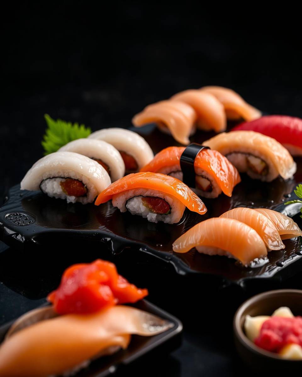 An arrangement of sushi and sashimi